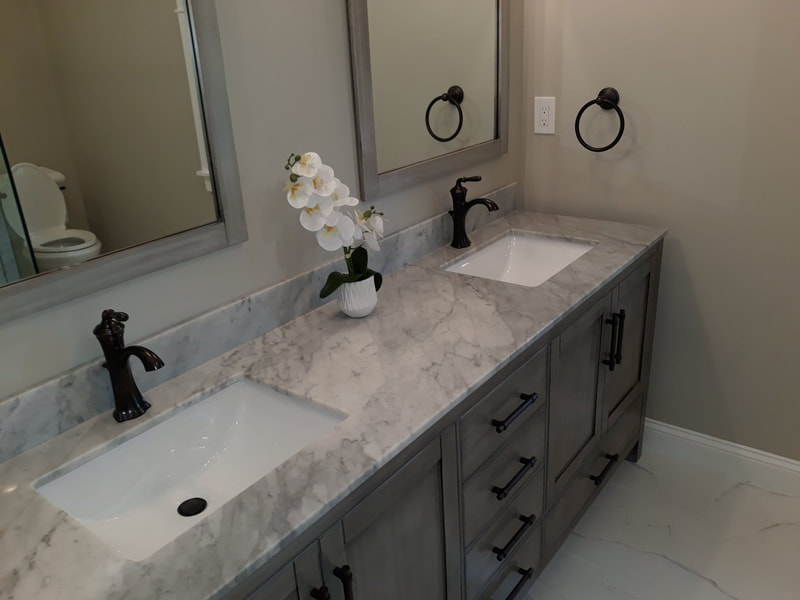 Sleek marble double vanity installation